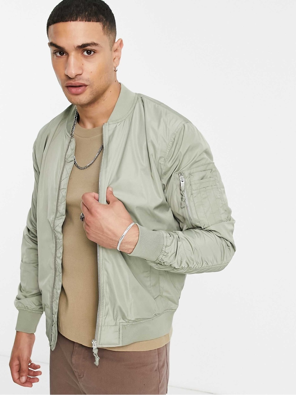 Men's Bershka Satin Finish Bomber Jacket in Khaki (Size:L)